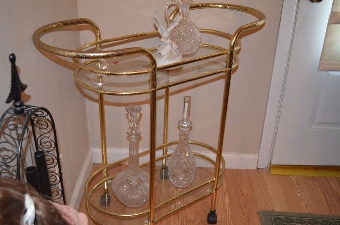 Brass Bar Cart, Crystal decanters,