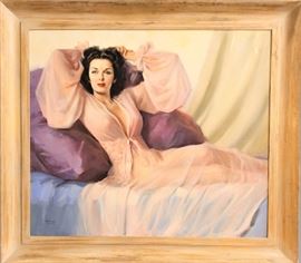 ORIGINAL oil painting of a reclining Jane Russell done by the famous illustrator, Andrew Loomis. This is what was used to advertise the movie "YOUNG WIDOW" starring Jane Russell