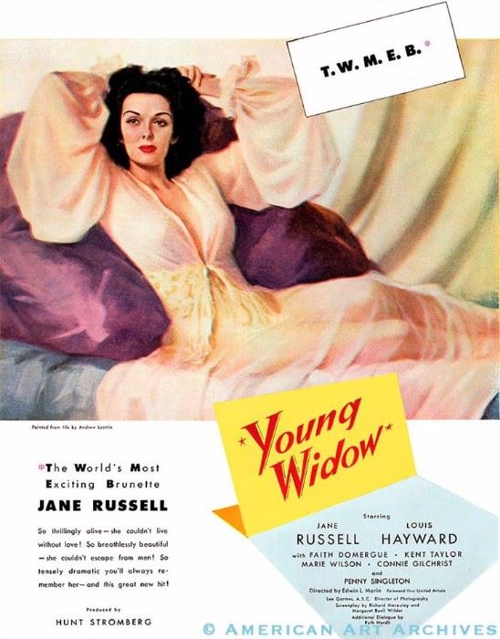ORIGINAL oil painting of a reclining Jane Russell done by the famous illustrator, Andrew Loomis.  This is what was used to advertise the movie "YOUNG WIDOW" starring Jane Russell
