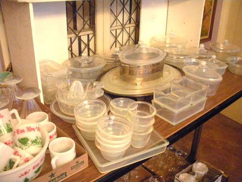 Antique Fry Opalescent Glass Baking and Refrigerator Dishes, Juice Reamers and Serving Dishes.