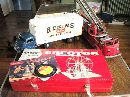 Original antique Gilbert Musical Ferris Wheel Set complete with Pamphlet/Booklet and Record.  Smith Miller Tin Trucks.