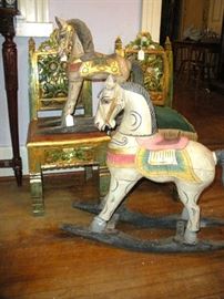 Antique Carved Folk Art Asian Youth Chairs and Horses