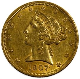 1907 D 5 Gold Unc. Details