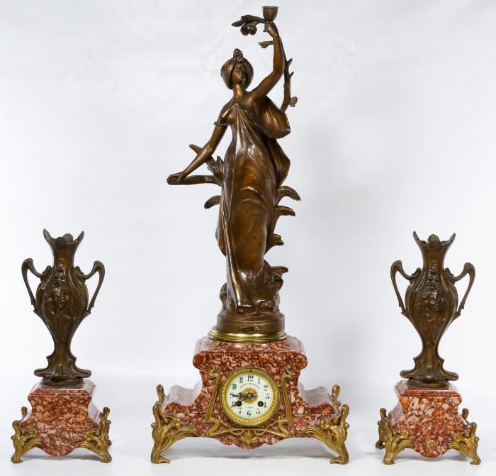 Bardet Chasseray Le Mans Marble and Spelter Art Noveau Garniture Set