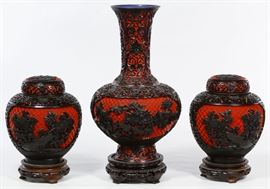 Carved Lacquerware Style Vase and Ginger Jar Assortment