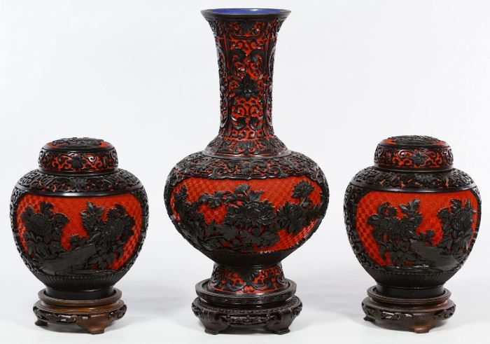 Carved Lacquerware Style Vase and Ginger Jar Assortment