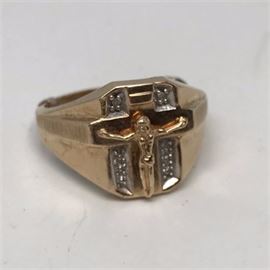 Mens 14 K and Diamond Crucifix Ring