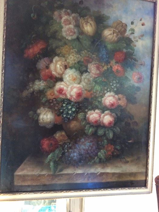L. Edna Martin large oil painting of flowers in vase on marble base