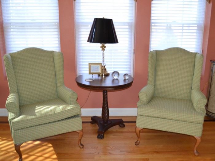 Pair of wingback chairs and Thomasville occasional table