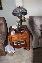 Wooden end table and Tiffany style lamp