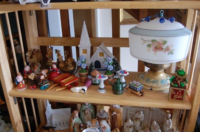 Christmas, antique Ceiling Light, porcelain pill boxes, Pine Cone Ornaments