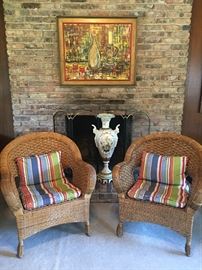 Cool retro oil painting, Italian vase & 2 newish wicker chairs