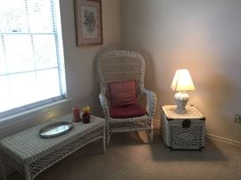  White wicker coffee table, chair, chest and lamp 