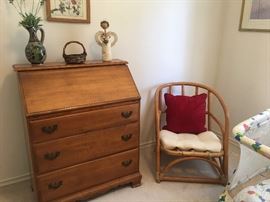 Early American  desk and chest, low wicker chair
