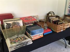 Vintage games, vinyl records, historical newspapers, frames