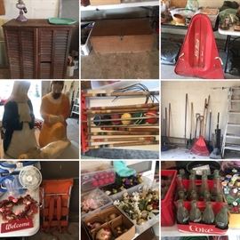 Vintage sled, coke bottles,  croquette game , Blowmold holy family 