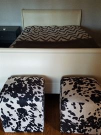 Full size cream wood girls sleigh bed with matching side table, dresser, and mirror (includes boxspring and mattress)