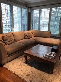 Well Worn Suede Sectional Sofa...Great For the Kids in a Base,ent/rec/TV Room... 80" wide x 114" Longest side x 36 Deep....$250...Also Shag Rug in Great Condition 9' x9'...$150