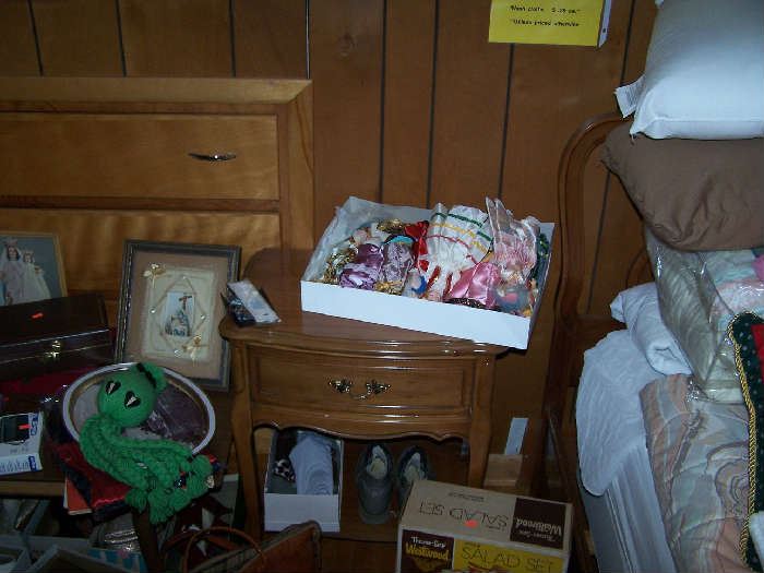 BOX OF DOLLS, FRENCH PROVINCIAL NIGHT STAND & MISC.