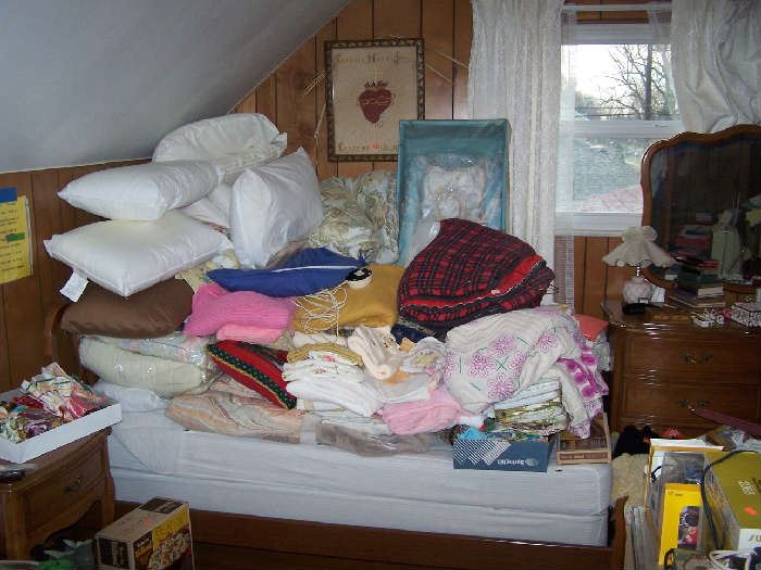 WEDDING DRESS IN BOX, BEDDING, LINENS, FRENCH PROVINCIAL BED ( UNDER ALL THE BEDDING) & MATCHING NIGHT STAND