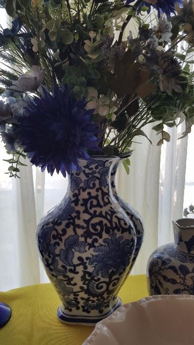 beautiful blue and white pottery, china, cobalt glass, silk flower arrangements and more