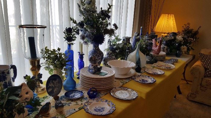 beautiful blue and white pottery, china, cobalt glass and more