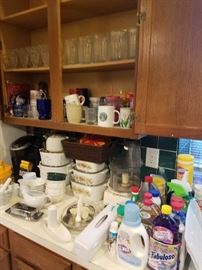 Corningware, glasses, cleaning supplies