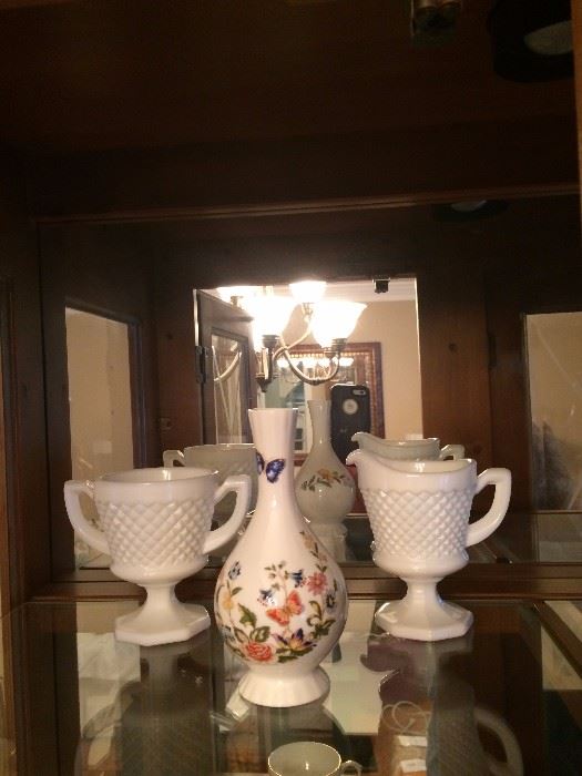 Vintage milk glass Quilted Diamond pattern sugar and creamer. Anysley porcelain bud vase.