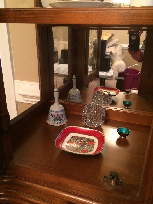 Vintage enamel red dish, sterling and enamel small bowl, Tiffany crystal basket, vintage Anniversary porcelain bell.