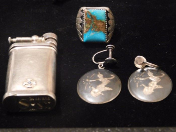 Sterling and Turquoise ring,Sterling Oriental design vintage earrings,Solid sterling vintage lighter