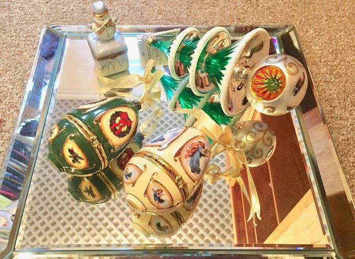 Limoges snowman keepsake box, Mr. Christmas musical porcelain egg ornaments, and Christopher Radko Christmas mercury-glass Christmas tree ornament