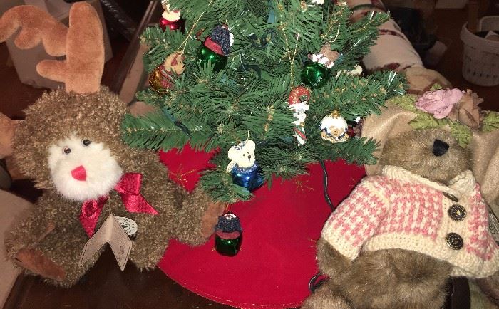 Boyd's Bears stuffed friends and Christmas tree with mini ornaments