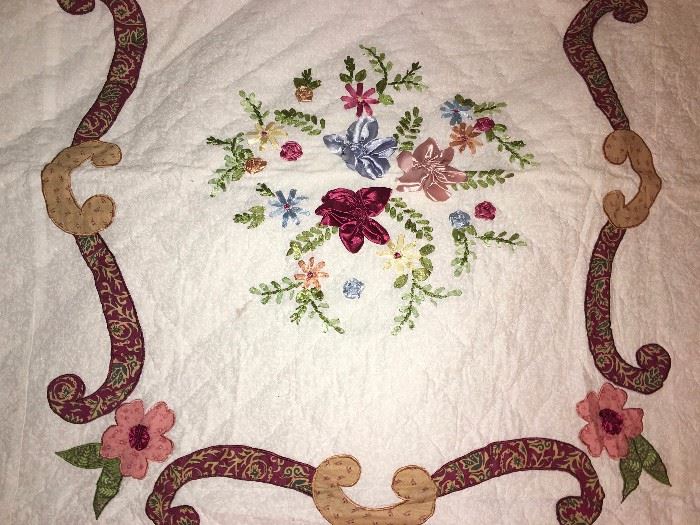 Embroidered/appliqued quilt with ribbon flowers