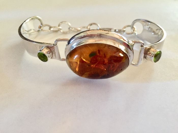 Sterling silver, amber and peridot  bracelet 