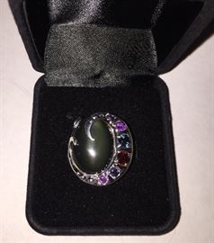 Sterling silver, green moon stone and gem stone ring 