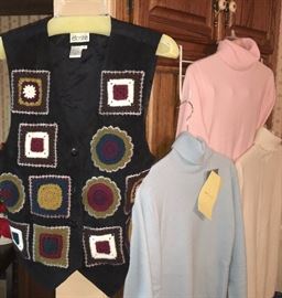 suede Granny-square vest (L) and turtleneck cashmere sweaters