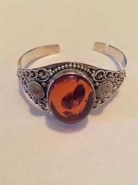 Sterling silver and amber cuff bracelet 