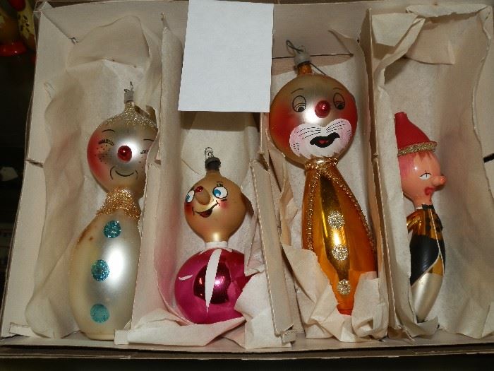 These vintage character ornaments are in their original box. The one on the right is damaged! (arm missing and very top is broke off) The other 3 are in great shape!  
