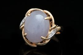 14K Yellow Gold, Purple Jadeite and Diamond Cocktail Ring: A 14K yellow gold, purple jadeite and diamond cocktail ring.