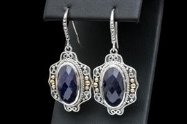 Robert Manse Sterling Silver, 18K Yellow Gold and Dyed Blue Corundum Earrings: A pair of Robert Manse sterling silver, 18K yellow gold and dyed blue corundum dangle earrings.
