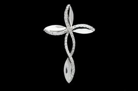 14K White Gold and Diamond Cross Pendant: A 14K white gold and diamond cross pendant. The pendant features twisted bands of 14K white gold lined with diamonds.