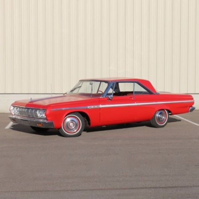 1964 Plymouth Sport Fury: A Classic 1964 Plymouth Sport Fury 2-door coupe in ruby red; VIN is 2341117775 and the odometer reads 94,617. Features includes a slant-6 cycle engine 225CL. Pointed fender and matching grille with a hardtop roofline. Push button automatic with an AM radio and cozy windows. Displays a current Massachusetts inspection sticker, #0920 0644 232 HIB CCD.