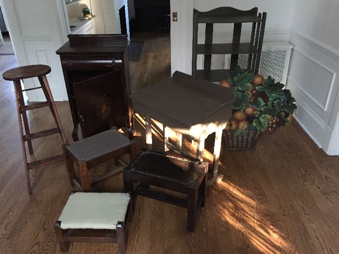 Arts and crafts stools, desk, shelves, antique folding stool.
