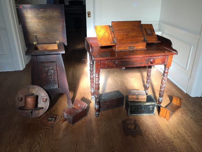 Wooden items. Side table with 18th century elements. Mission smoking stand with red cabinet maker's mark.