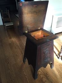Mission smoking stand with raised panel carving, copper humidor, secret compartment, red cabinetmakers mark.