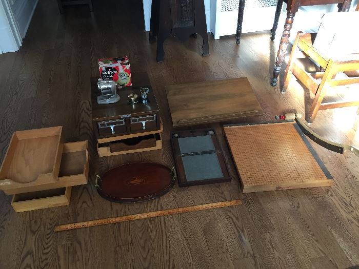 Lap desk, oak desk trays, paper cutter, inlaid tray, Staten Island yardstick, library card catalog, dictionary stand.