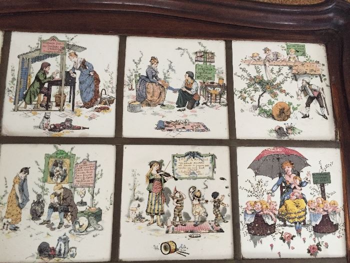French art tiles from the early 20th century. Made by Froment-Richard / Antoine-Albert Richard initials FR painted on the grass. This artist was born in 1845 and lived until 1921. He worked with Barluet Creil Montereau Manufactory starting in 1876 and the Sarreguemines Factory. His main decorative themes are children designed within delightful scenes. The most known patterns are the "Service Parisien" for Creil Montereau and The "Enfants Richard" decor for Sarreguemines. Enfants Richard and Service Parisien pieces are exhibited in several museums in France 