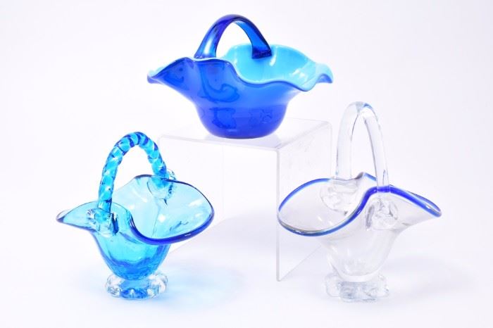 Lot 21: Three Blown Blue Glass Baskets