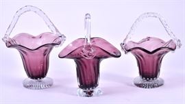 Lot 18: Three Blown Amethyst & Clear Glass Art Baskets