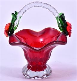 Lot 19: Blown Red Art Glass Basket w/Orange Flowers